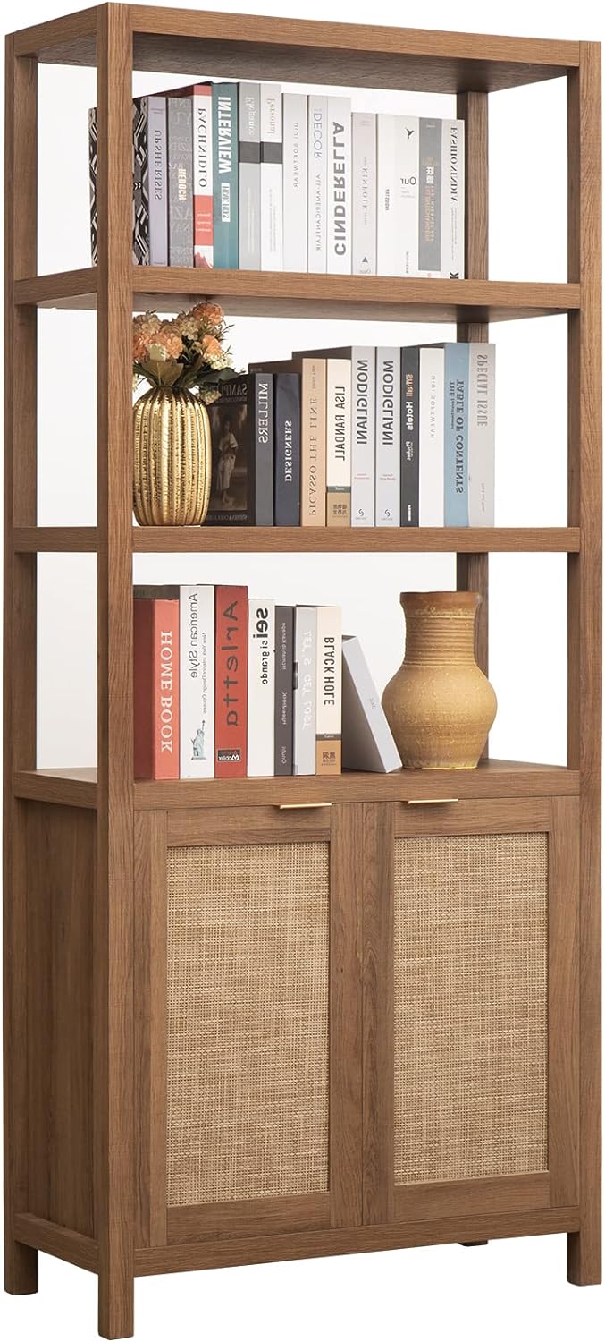 SICOTAS 71" Tall Rattan Bookshelf with Doors for Living Room Library