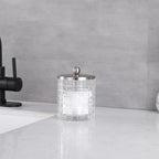 Clear transparent Apothecary Etched Geometric Grid Glass Jar W/Satin Nickel Metal Lid Cover for Bathroom Organization, Cotton Balls, Q Tips, and Small Accessories, Bathroom Storage