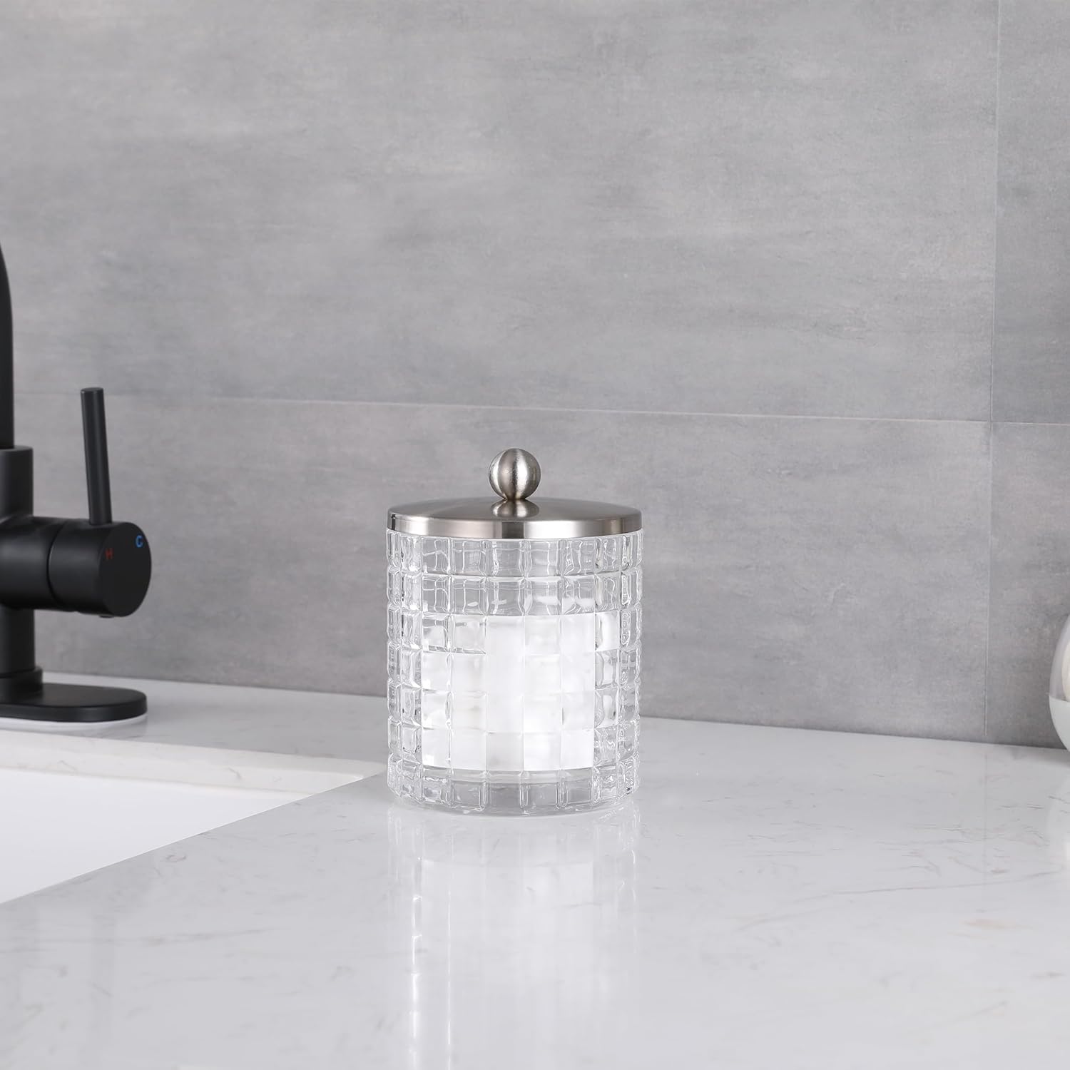 Clear transparent Apothecary Etched Geometric Grid Glass Jar W/Satin Nickel Metal Lid Cover for Bathroom Organization, Cotton Balls, Q Tips, and Small Accessories, Bathroom Storage