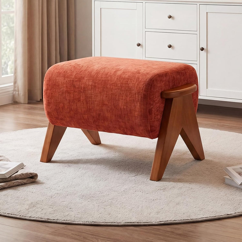Linen Padded footstools Mid Century Modern Ottoman with Wood Frame, Lounge Up...