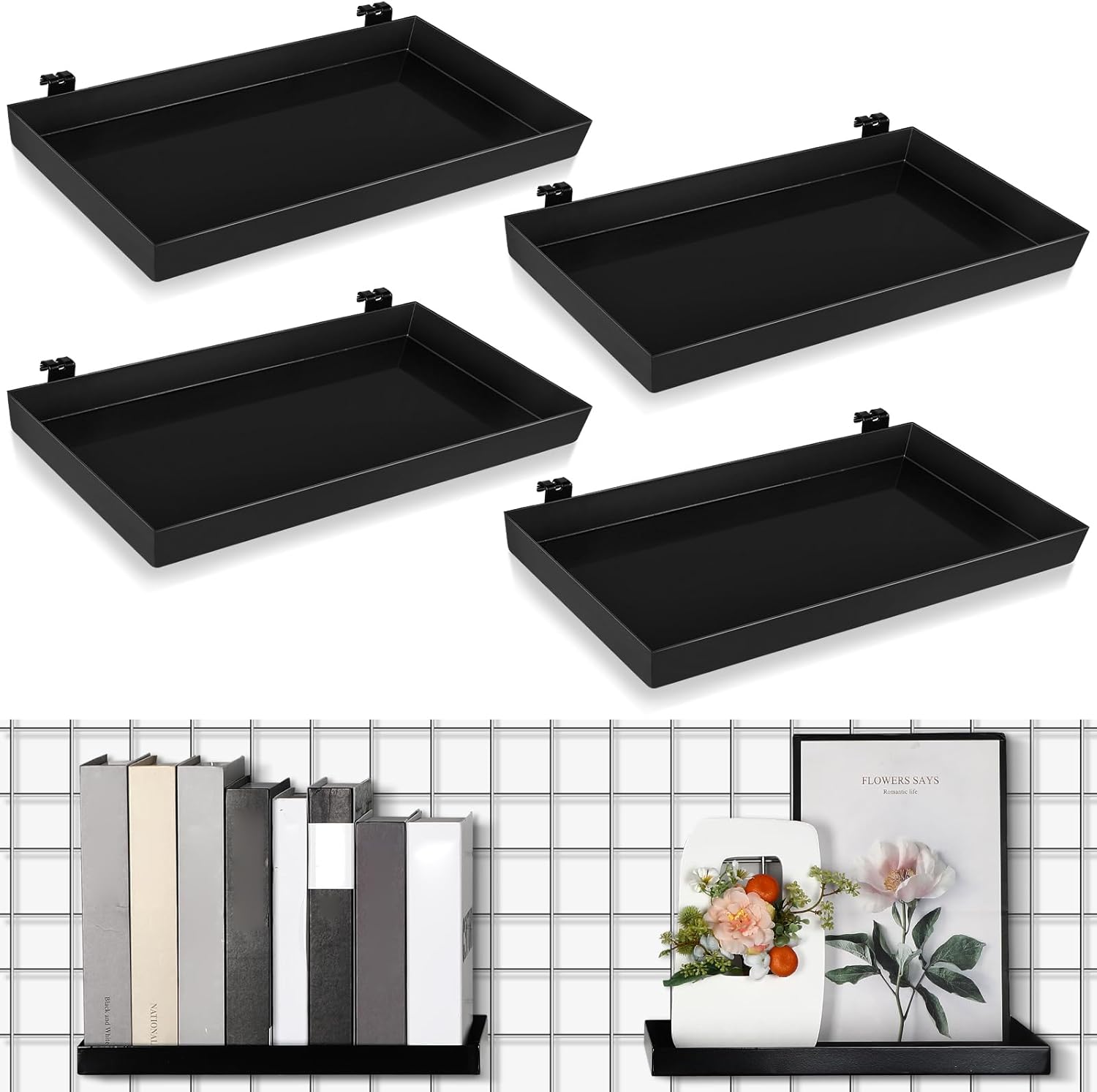 Coume 4 Pcs Grid Panel Display Shelf 11.8 x 7.87 Inch Metal Display Rack Gridwall Shelving Wall Organizer Grid Wall Panels Hanger Accessory for Crafts Room, Garage, Workbench, Office, Retail
