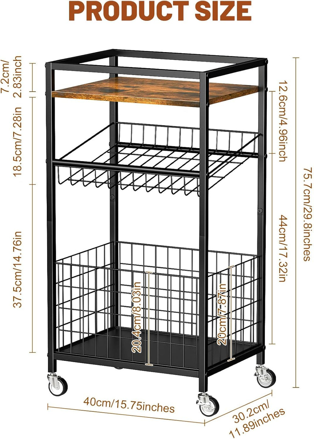 Fruit Vegetable Cart, 3-Tier Snack Kitchen Cart on Wheels & Wood Top, Uti...