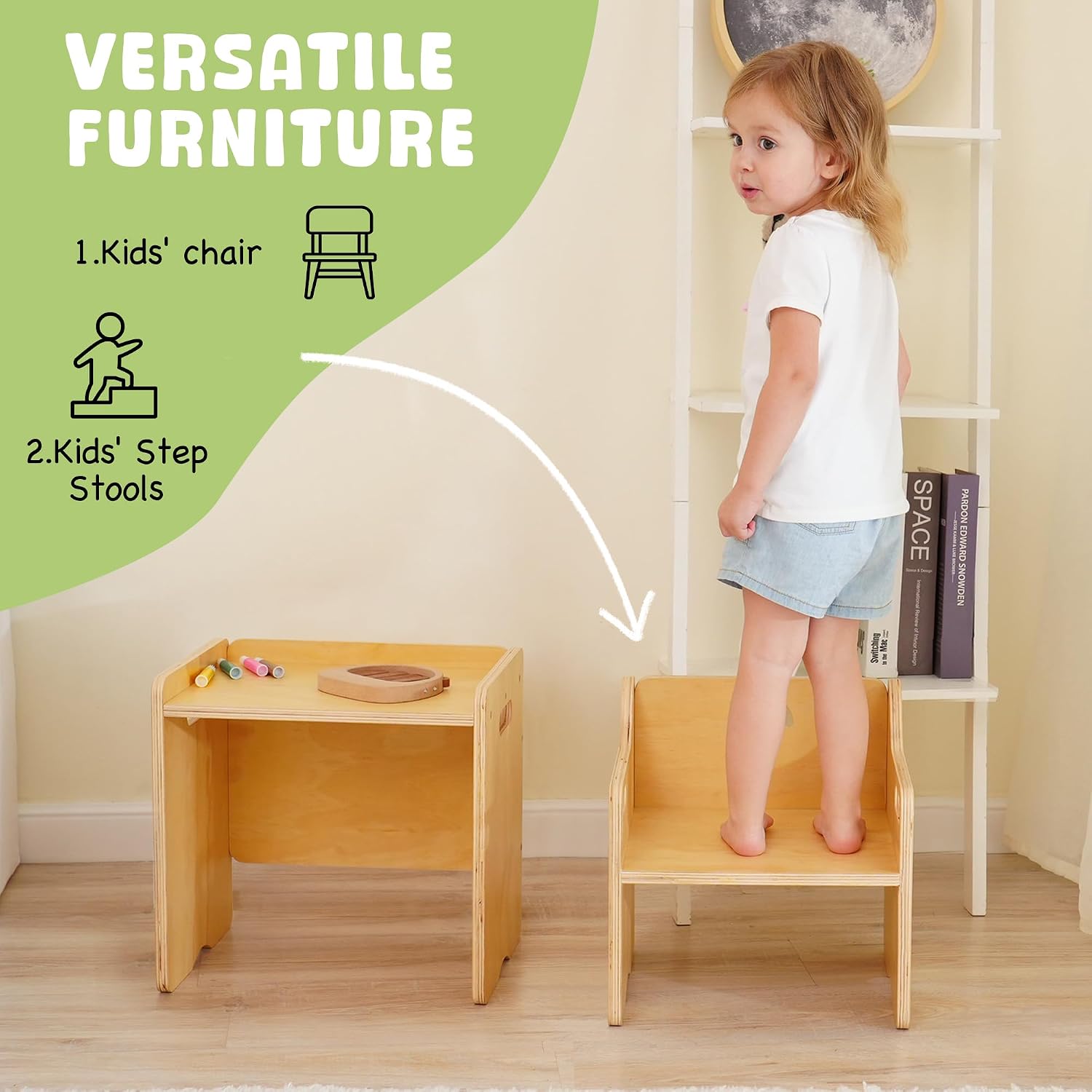 MallBest Montessori Weaning Table and Chair Set-Adjustable seat Height Wooden Toddler Table，Kids Activity Step Stools，Kids Funiture for Eating Drawing Reading