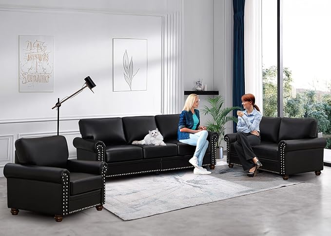 3 Piece Faux Leather Sofa Set,Mid Century Modern Couch and Loveseat Sets with Storage,Comfy Deep Seat Sofa with Nailhead Trim & Rolled Arm for Living Room,Office(Armchair+Loveseat+3 Seater,Black)