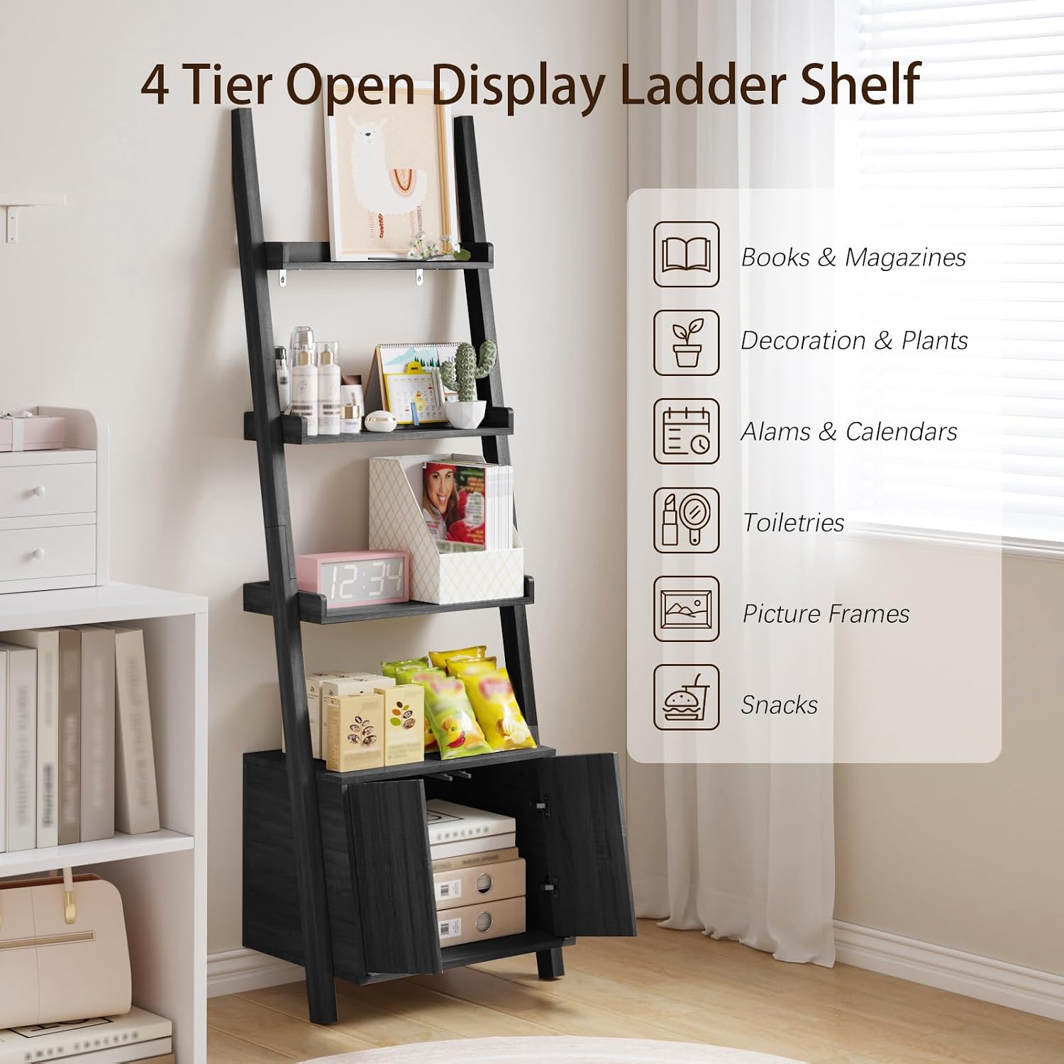 4-Tier Ladder Shelf,Modern Ladder Bookshelf Bookcase with Storage,Display Storage Shelf for Living Room Bedroom Kitchen Office,Black