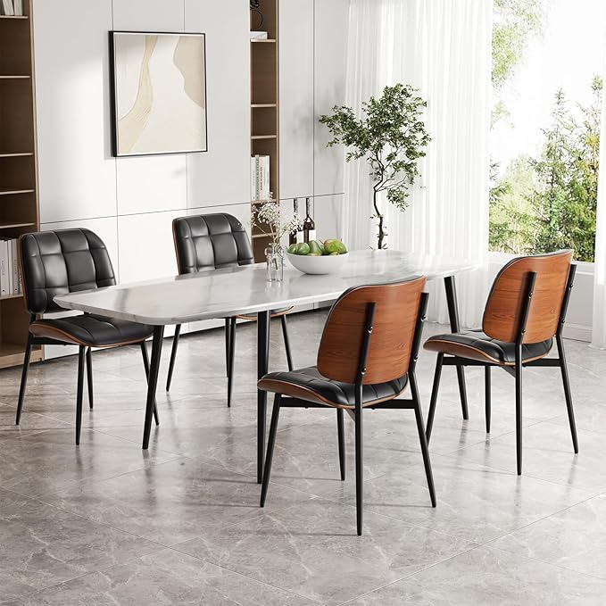 Dining Chairs Set of 8, Black Mid Century Modern Dining Room Chair, Upholstered Faux Leather Kitchen Chairs with Thick Cushion and Walnut Bentwood Back for Kitchen Dining Room, Black