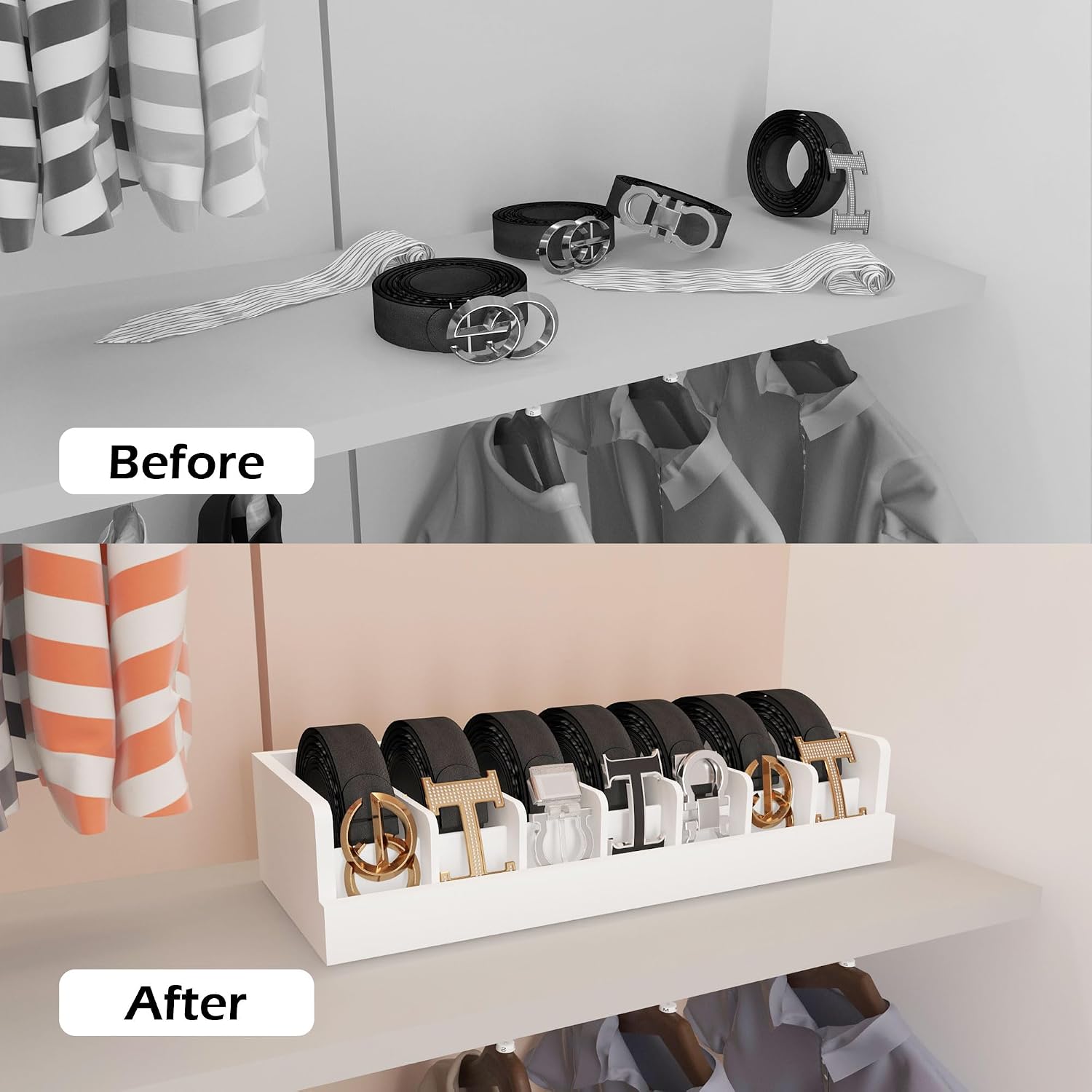 Belt Storage Organizer Box - 7 Grids Bamboo Belt Organizer for Closet | Wooden Belt Tie Hanger Racks for Men Women Drawer | Belt Display Holder Wall Mount with 2 Pcs Tie Clip (White)