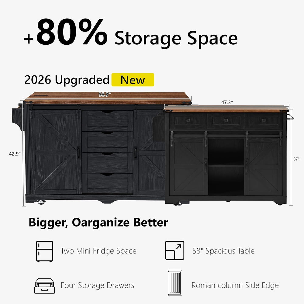 72" Farmhouse Kitchen Island with Sliding Barn Doors, Black | Fridge Spa...