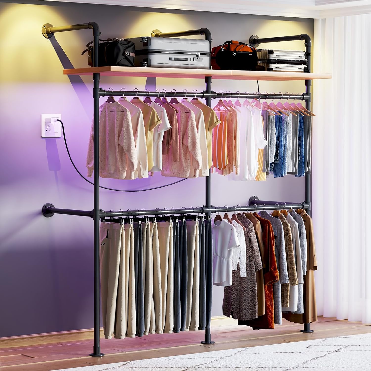 Industrial Pipe Clothing Rack, Reversible 79.7” Clothes Rack for Hanging Clothes with LED Lights, Black Wall Clothing Rack Wall Mounted Rack for Walk-in Closet, Laundry Room or Retail Display