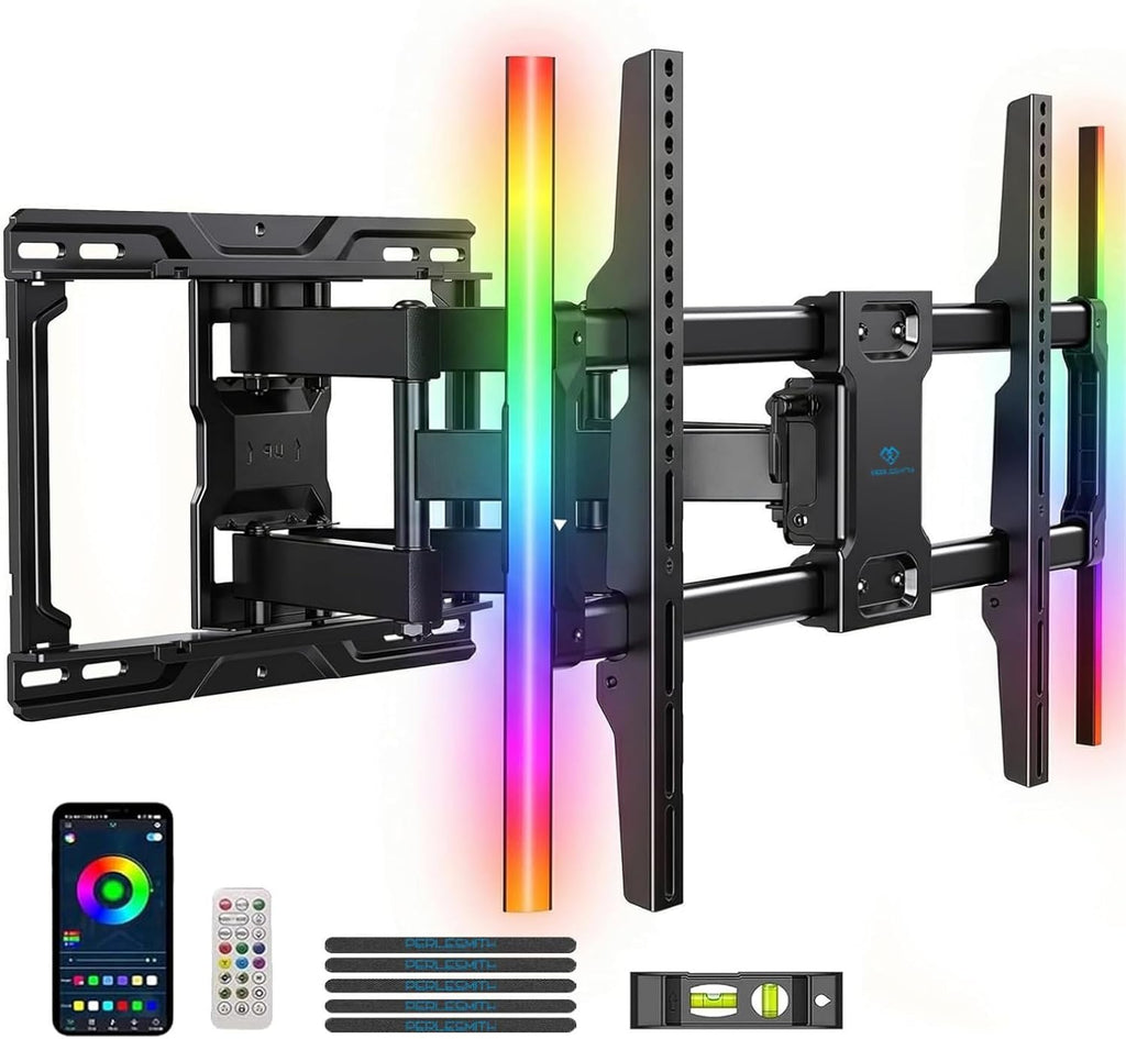 PERLESMITH Full Motion TV Wall Mount with LED Lights for 37-86 Inch TVs up to 132lbs, Backlit TV Mount Bracket with Music Sync, Extension Swivel Tilt level, Max VESA 600x400mm, Fits 16"/12" Wood Studs
