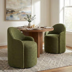 Upholstered Dining Chairs with Casters, No Assembly Modern Dining Room Chairs Accent Vanity Chair with 5 Wheels & Round Backrest for Bedroom, Living Room, Dressing, Green Fabric, Set of 2