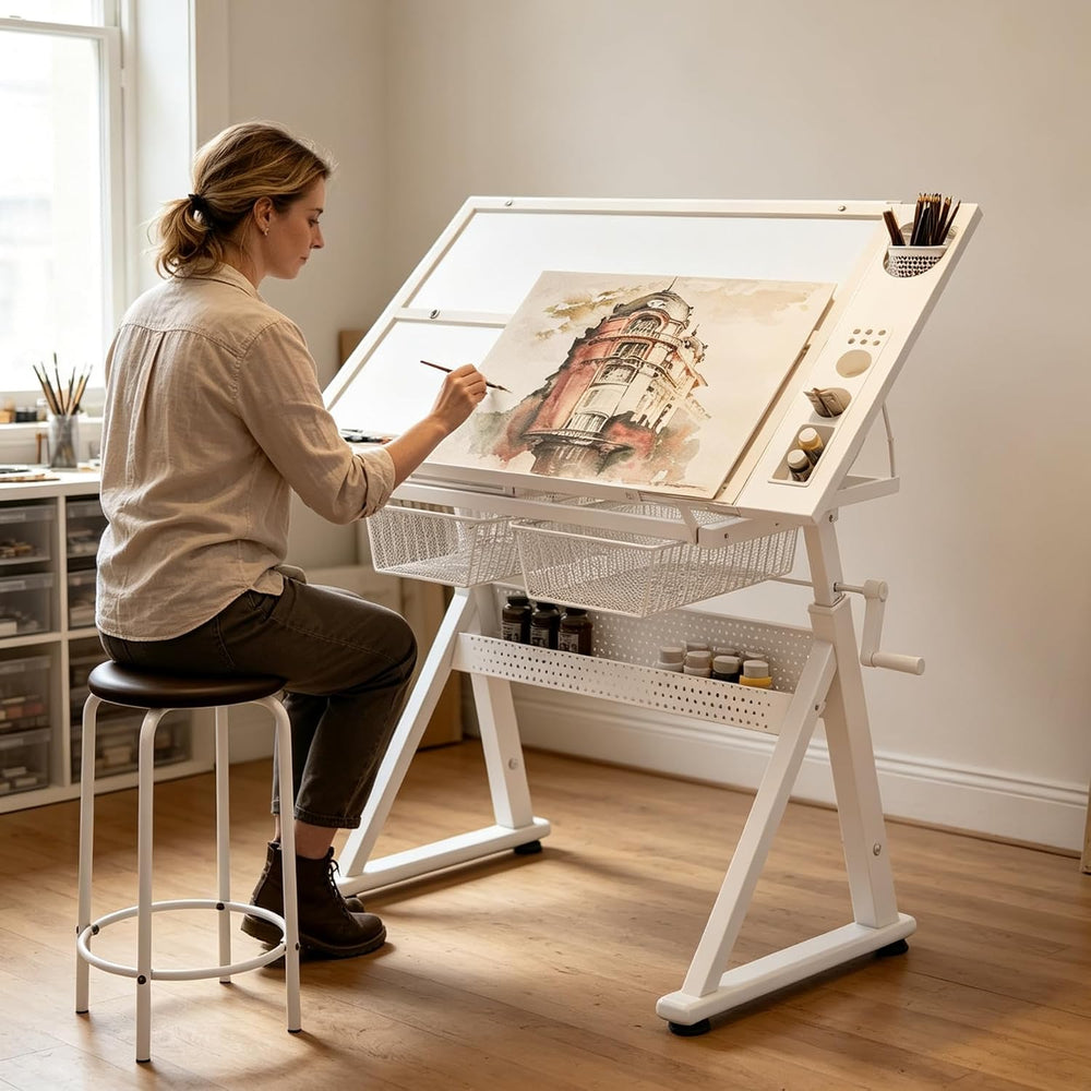 Drafting Desk w/Stool & Storage, Glass Art Table for Artists,White