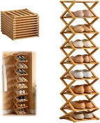 9 Tier Bamboo Shoe Rack, Heavy Duty Foldable Shelf Needing No Setup | Versatile Space-Saving & Sturdy Collapsible Bamboo Shoe Rack Organizer for Closet, Entryway, Over-Door, Dorm or Bedroom Use
