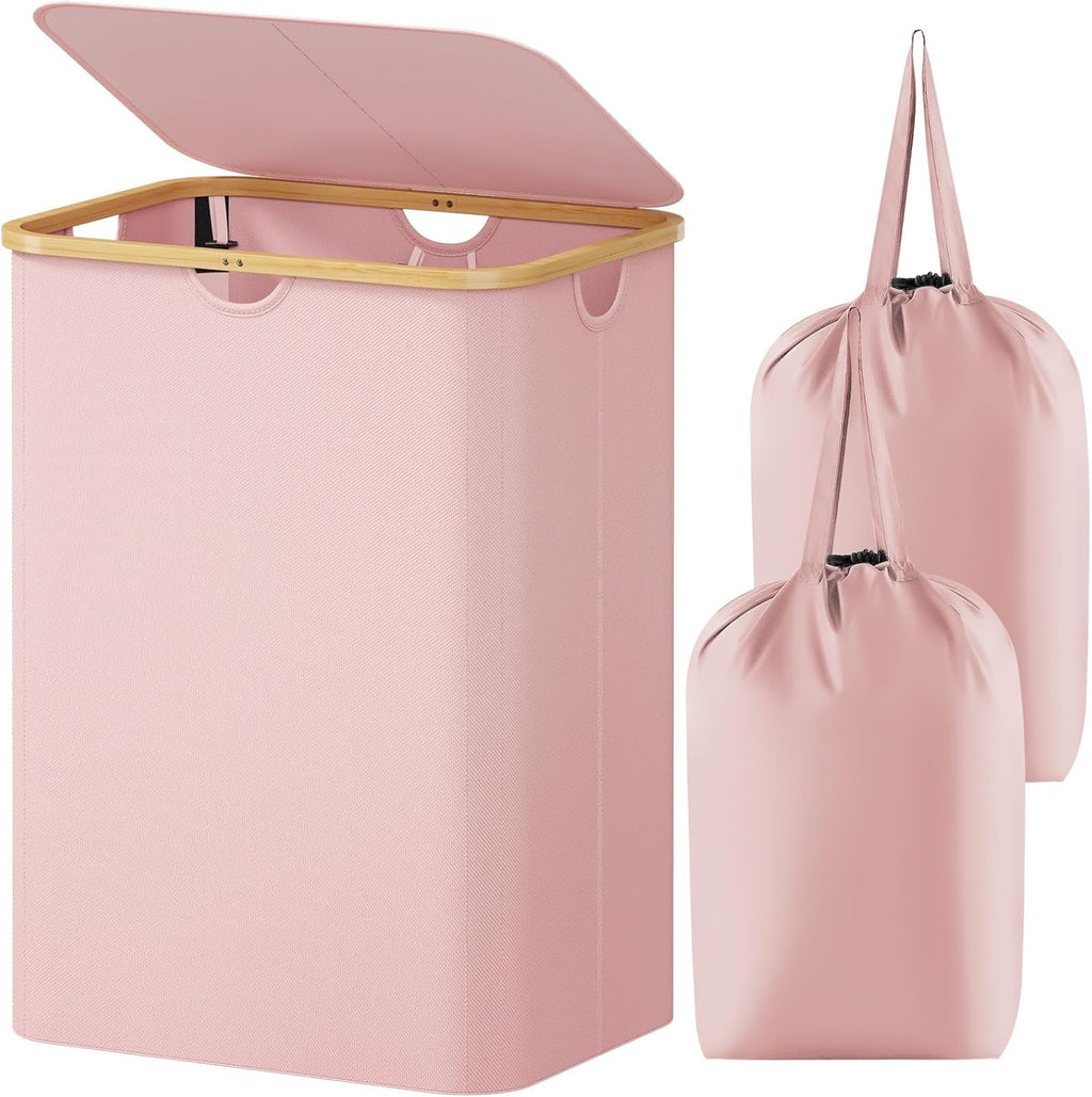 Lifewit 150L Laundry Basket with Lid, Clothes Hampers for Laundry with Bamboo Handles and 2 Removable Bags, Large Foldable Laundry Hamper for Bedroom, Bathroom, Dorm, Pink