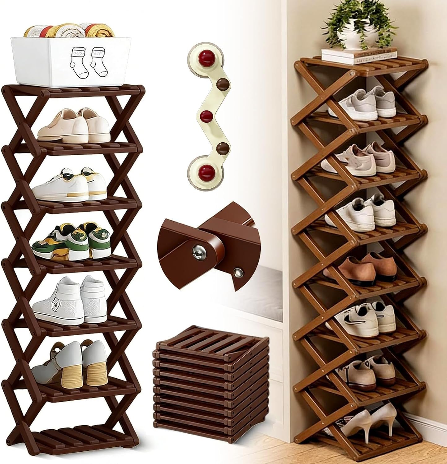 9-Tier Pre-Assembled Bamboo Storage Shelf — Foldable Bamboo Corner Shoe Rack | Space-Saving, Narrow Shoe Rack (No Assembly Required) — Ideal for Entryways, Closets, and Dorm Rooms (Brown, 9-Tier)