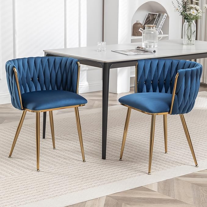 Velvet Dining Chairs Set of 2, Modern Upholstered Dining Chairs with Gold Metal Legs for Dining Room, Vanity, Kitchen, Living Room(Blue)