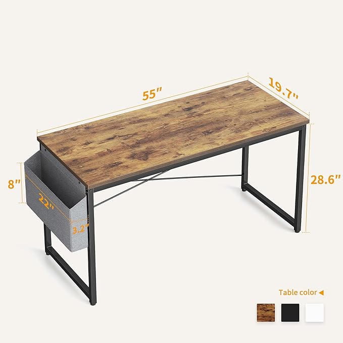 Cubiker Computer Desk 55 inch Home Office Writing Study Desk, Modern Simple Style Laptop Table with Storage Bag, Brown