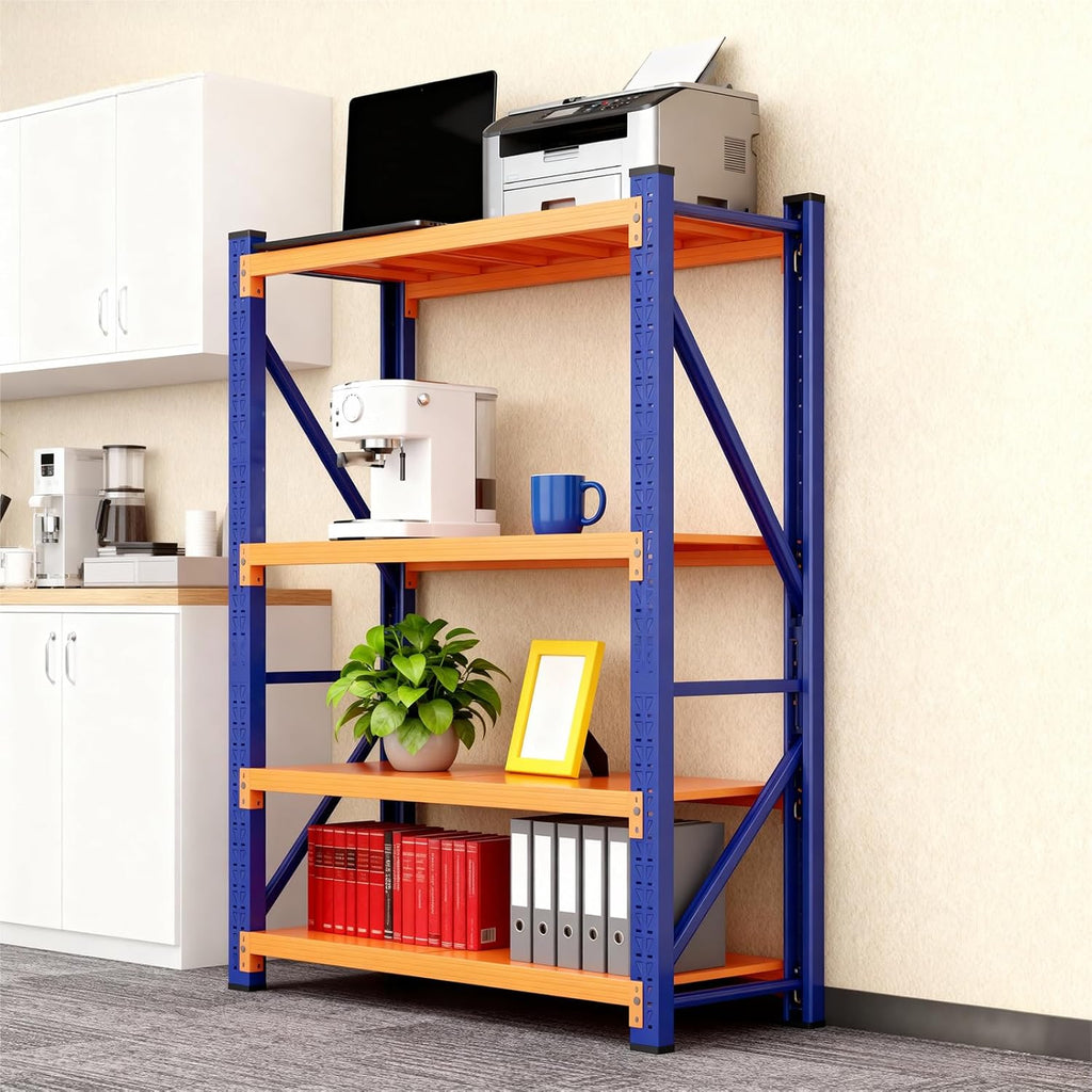 79" H Garage Shelving,3500LBS Heavy Duty Storage Rack,4 Tiers Metal Storage Rack Shelf, Adjustable Shelving Unit for Garage,Kitchen,Warehouse,Basement,78.7" H x 47.2" W x 19.6" D,Blue&Orange