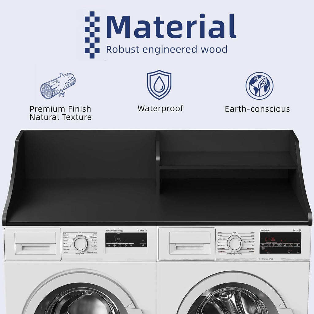 Memobarco 2 Tiers Washer Dryer Countertop, 54" Width x 27.5" Depth Laundry Countertop Organization, Wooden Washer and Dryer Topper for Folding, Sorting & Ironing, Easy to Install, Black