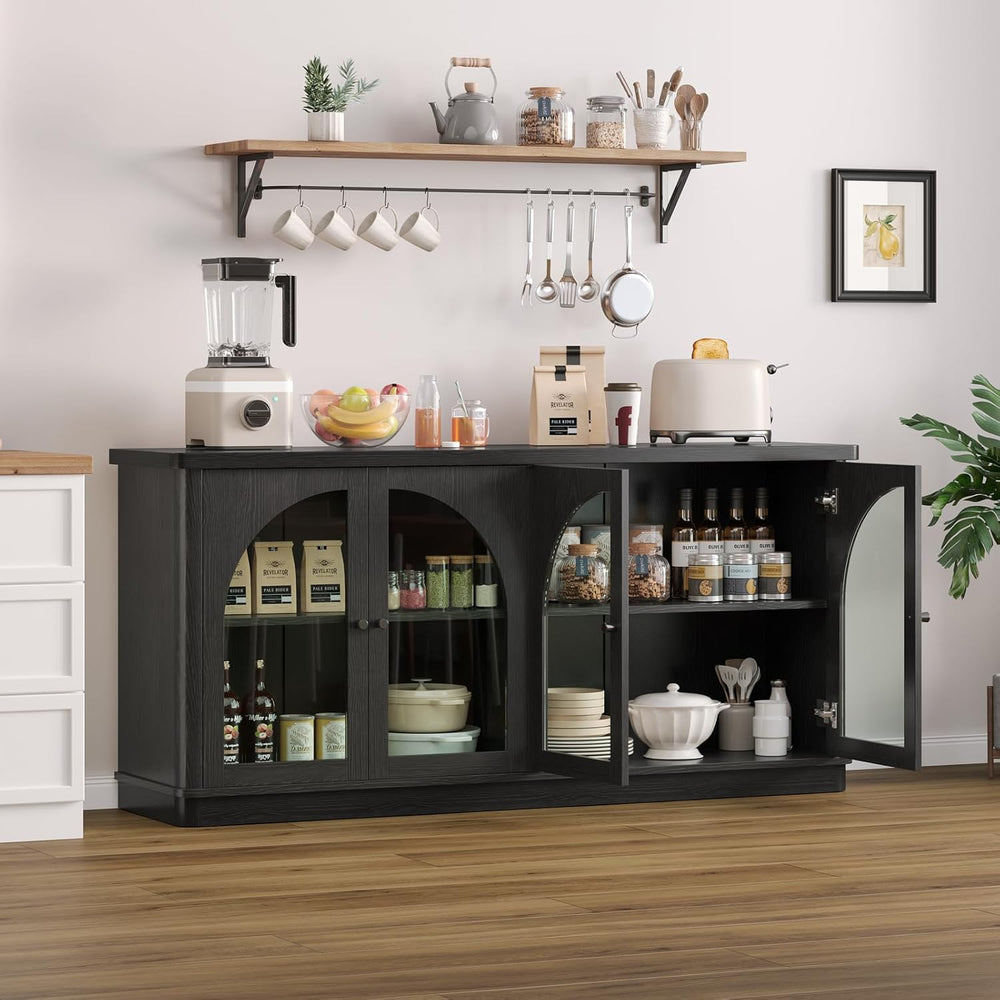 ONBRILL 63 Inch Sideboard Buffet Cabinet with Glass Doors and 4 Doors Black