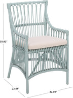 SAFAVIEH Furniture - Zorianna Dining Chair - Light Blue Rattan & White Cushion - Armchair Design - Ideal for Dining Room, Kitchen, 18.5" Seat Height (DCH6505C)