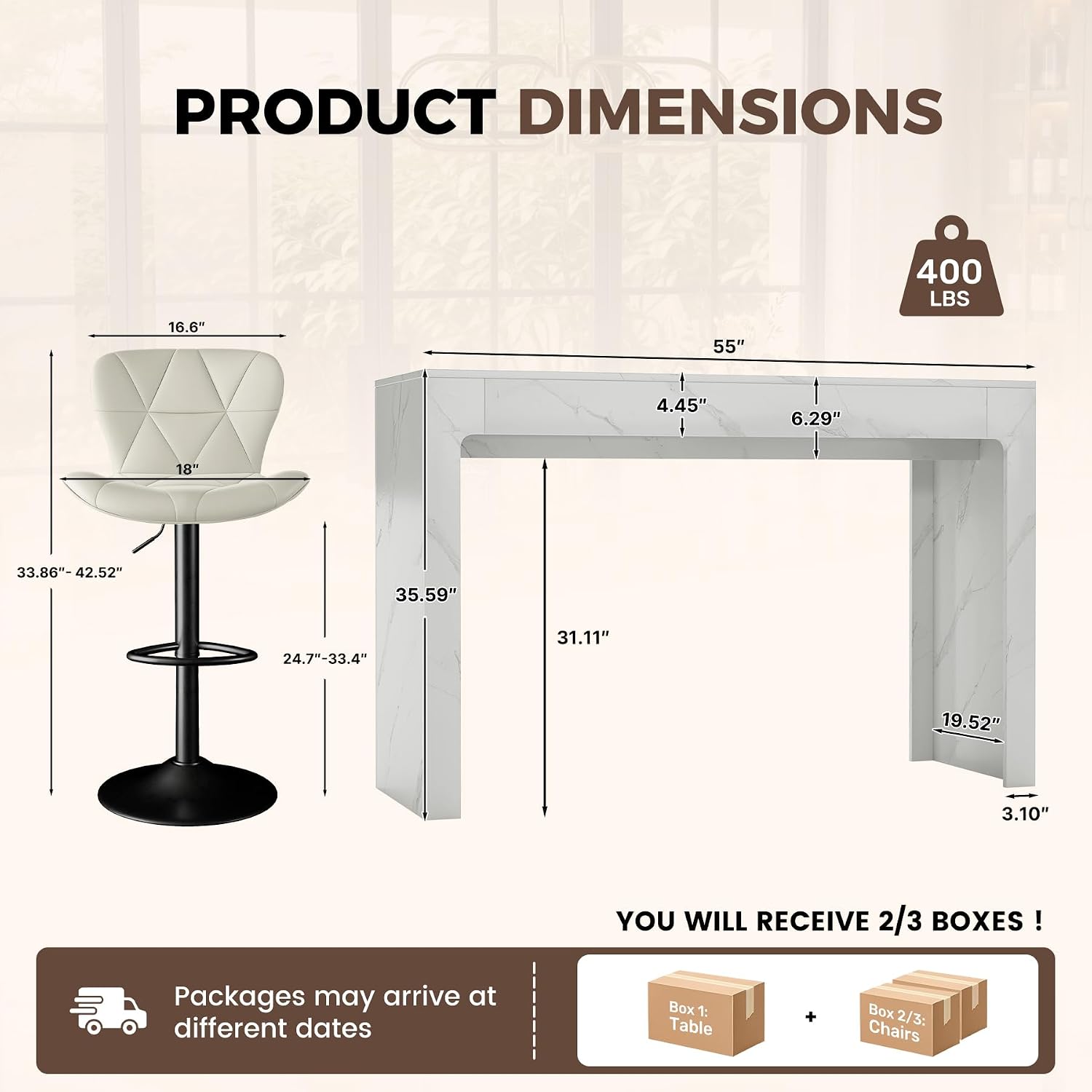 Miereirl Modern 3-Piece Bar Table Set, 55" Faux Marble Pub Dining Table with 2 Swivel Adjustable Barstools, PU Leather Counter Height Chairs with Footrest & Backrest for Kitchen, Dining Room
