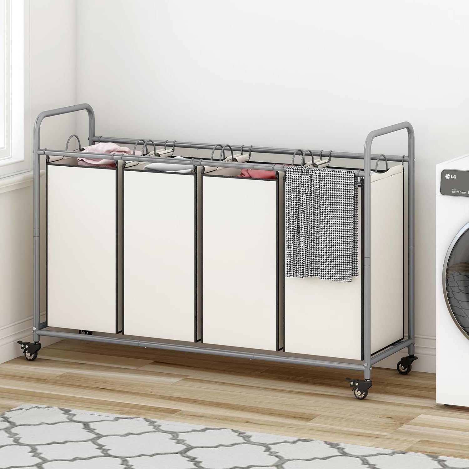 Laundry Sorter 4 Section Hamper Sorter with Heavy Duty Lockable Rolling Wheels Removable Bags Basket Separator for Dirty Clothes Storage, Beige