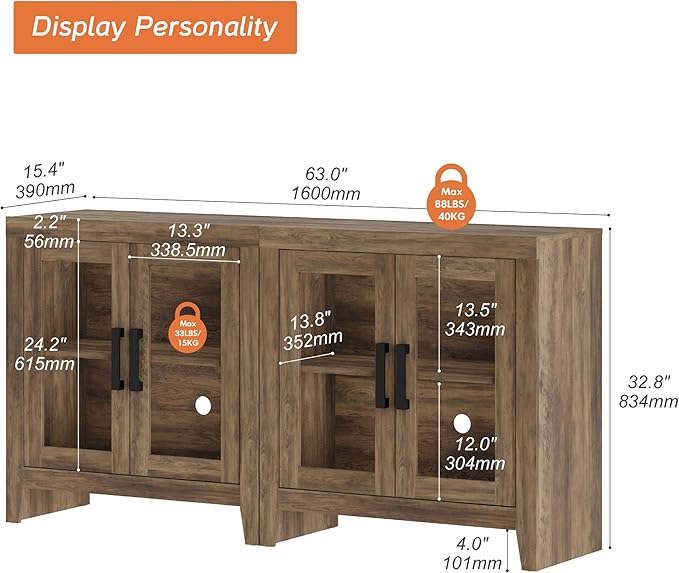 WAMPAT Farmhouse TV Stand for TVs up to 65”, Rustic Wood Entertainment Center with Adjustable Shelf, Glass Doors & Storage, Media Console Cabinet for Living-Room, Bedroom, Brown