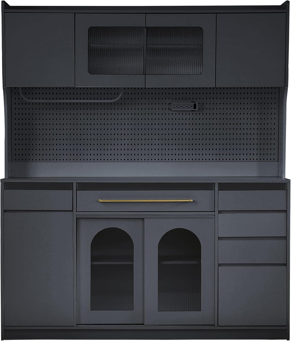 Freestanding Kitchen Pantry Cabinet with Hutch, Large Coffee Bar Storage Cabi...