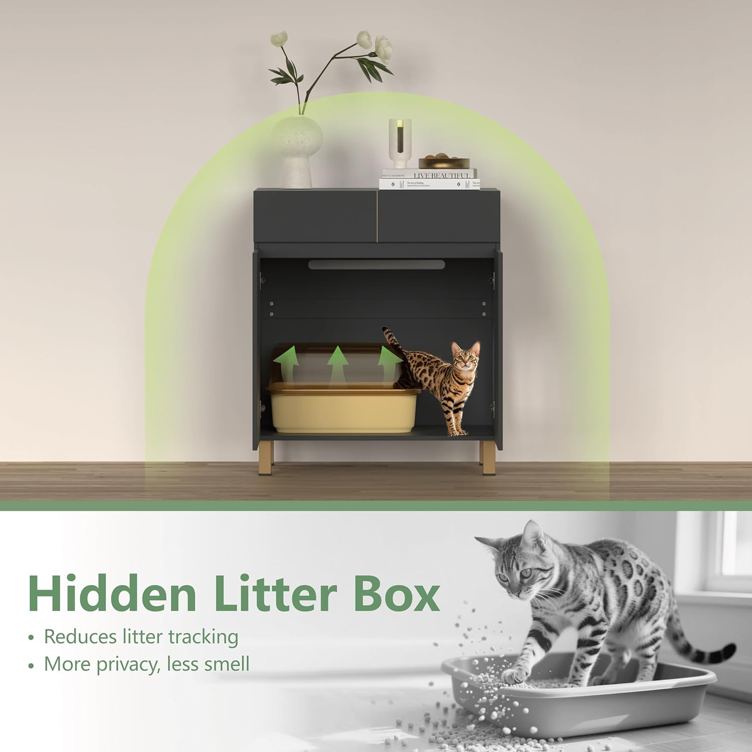 Large/Tall Litter Box Enclosure, Modern Wooden Litter Box Furniture for XL Litterbox with Drawer as Sideboard Cabinet (Black)