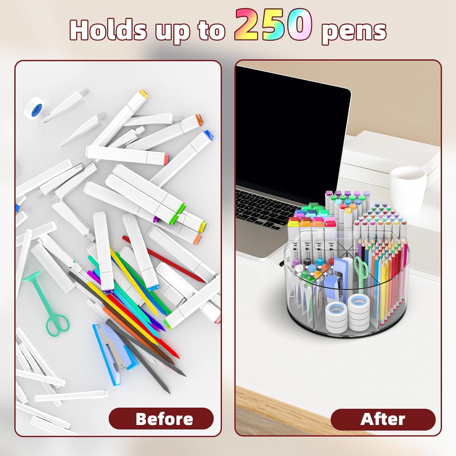 Absonic 2 Pack Acrylic Pen Organizer, 360 Rotating Clear Colored Pen and Pencil Crayon Marker Holder Caddy for Desk, Desktop Storage and Organizer for School Art Supplies
