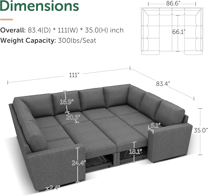 HONBAY Sleeper Sectional Couch with Pull Out Bed, Modular Sleeper Sofa with Storage, U Shaped Sectional Couches for Living Room, Dark Grey
