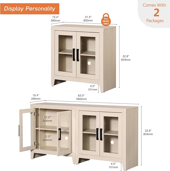 WAMPAT Farmhouse TV Stand for TVs up to 65”, Rustic Wood Entertainment Center with Adjustable Shelf, Glass Doors & Storage, Media Console Cabinet for Living-Room, Bedroom, Beige