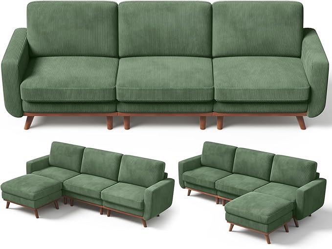 Vesgantti 97" L-Shape Modular Sofa, 3-Seat Corduroy Couch with Movable Ottoman, Sectional Sofa for Living Room, Green