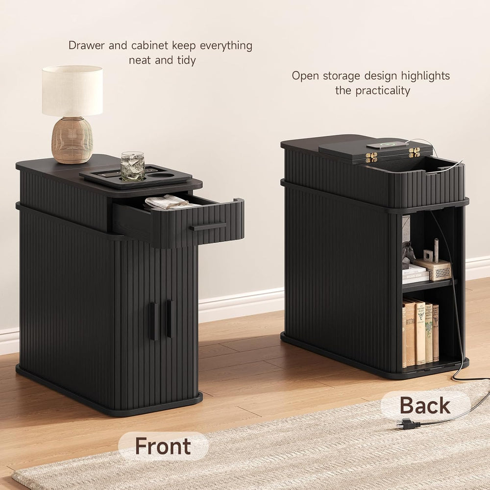 Side End Table with Charging Station, Slim Nightstand with Drawer, Mid-Centur...