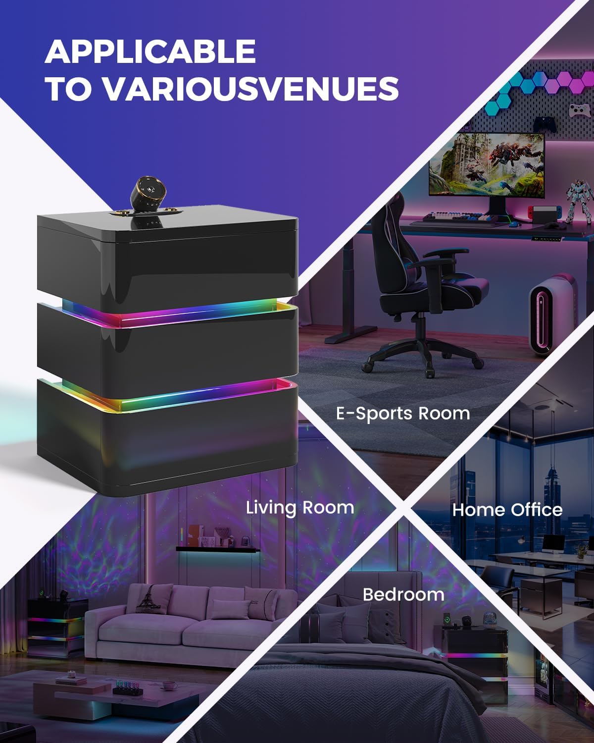 Dystler Fully Assembled Nightstand with Charging Station and LED Lights | 3 Drawers Bedside Table with Galaxy Projector & Hidden Storage, Modern RGB Night Stand Setup Perfect for Bedroom Display