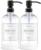 Vine Creations Clear Glass Soap Dispenser, 2 Pack Kitchen Soap Dispenser Set with Stainless Steel Pump, 16 oz Dish Soap and Hand Soap Dispensers for Bathroom with Waterproof Labels