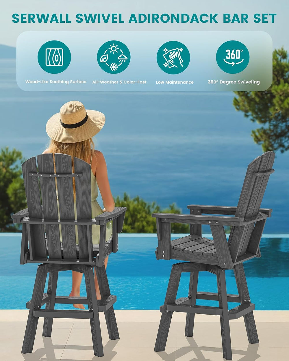 SERWALL Swivel Adirondack Barstools Set of 2, HDPE Outdoor Swivel Bar Chairs ...