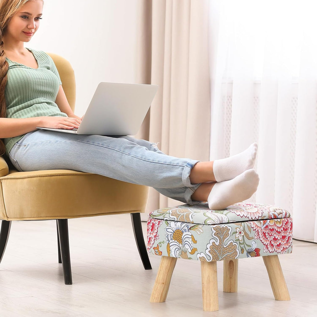 ETELI Small Foot Stool Ottoman with Storage Versatile Square Storage Ottoman Boho Foot Rest with Sturdy Wood Legs Floral Footstools and Ottomans for Living Room Bedroom and Enterway