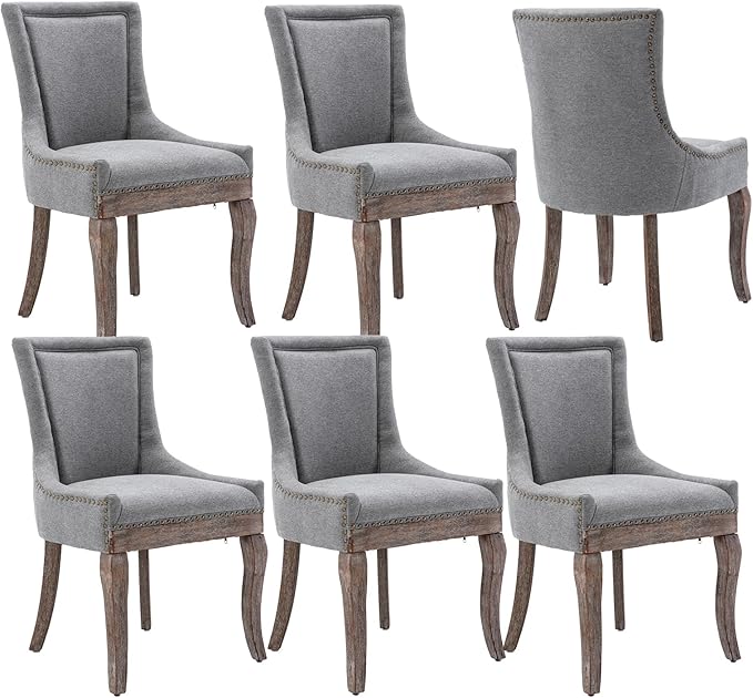 Modern Dining Chairs Set of 6, High Back Dining Chairs Side Chairs with Solid Wood Legs, Upholstered Fabric Dining Room Chairs for Dining Room Kitchen, Grey