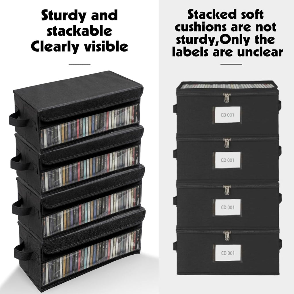 CD Storage Box, CD Case Holder with Handles | 14.17×6.3×5.51in Lid and Clear Window Stackable CD Organizer Box Holds Up to 32 CDs in full jewel cases(Black)