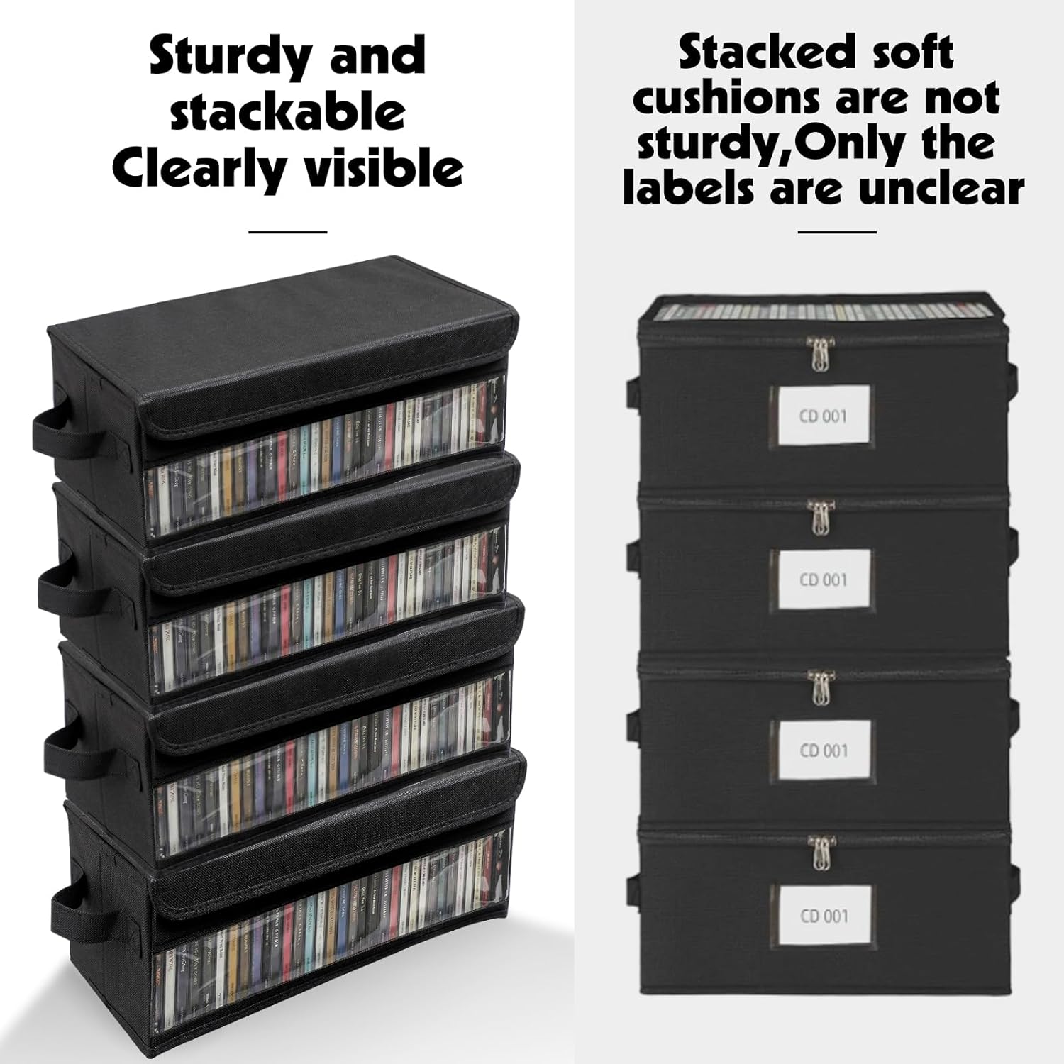CD Storage Box, CD Case Holder with Handles | 14.17×6.3×5.51in Lid and Clear Window Stackable CD Organizer Box Holds Up to 32 CDs in full jewel cases(Black)