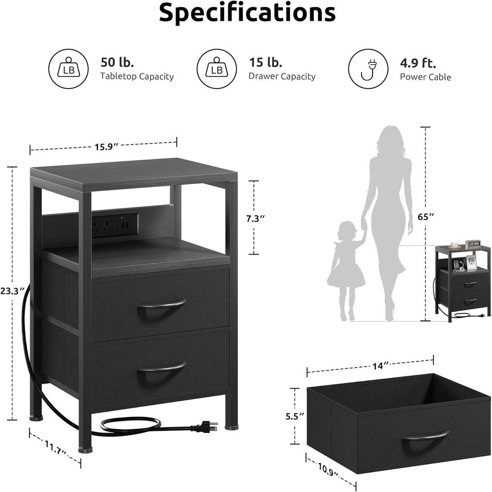 Lazzanto Night Stand with Charger Station for Bedroom, Black Nightstand | Bed...