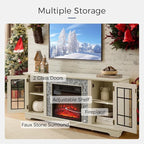 TV Stand with Electric Fireplace & Storage Cabinet, Entertainment Center with 2 Glass Door, Faux Stone Media Console Table for Living Room (White,58" with Fireplace)