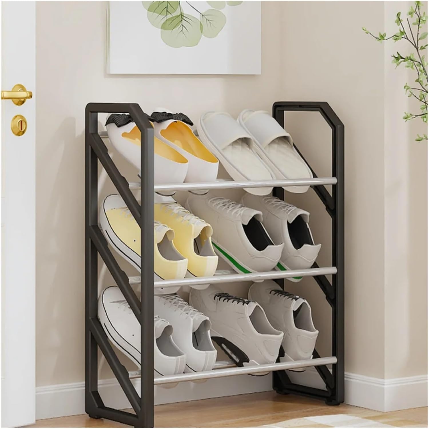 Simple Shoe Rack Ladder Style Shoe Cabinets Portable Doorway Shoe Rack Floor Standing Household Shoe Organizer Storage(Black)