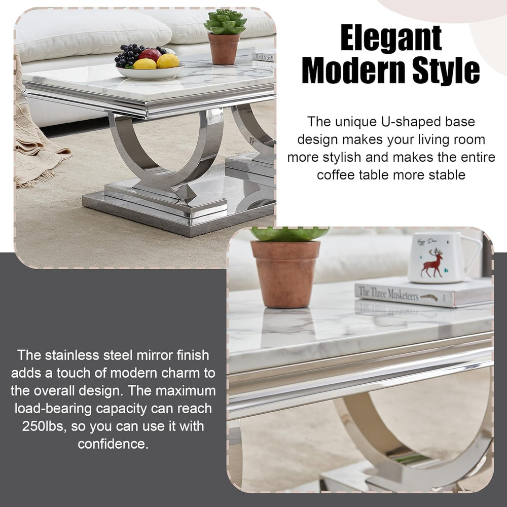 Marble Coffee Table Set of 3, Includes 1 Coffee Table with 2 Square End Side ...
