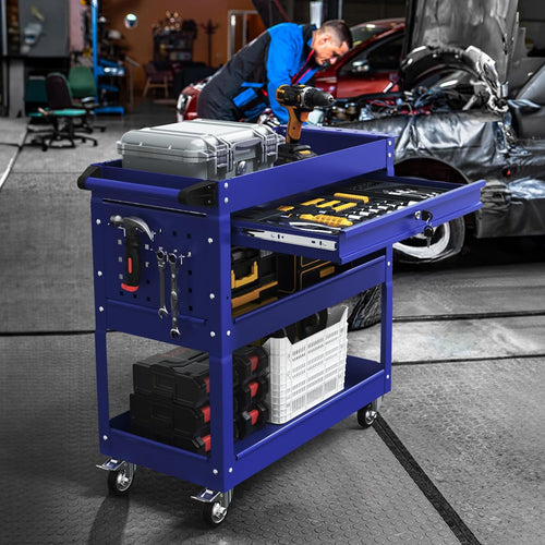 3-Tier Rolling Utility Cart, Metal Heavy Duty Utility Cart on Wheels with Lockable, 330 lb. Load Large Storage Capability Tool Cart for Garage, Warehouse, Repair Shop（Blue）