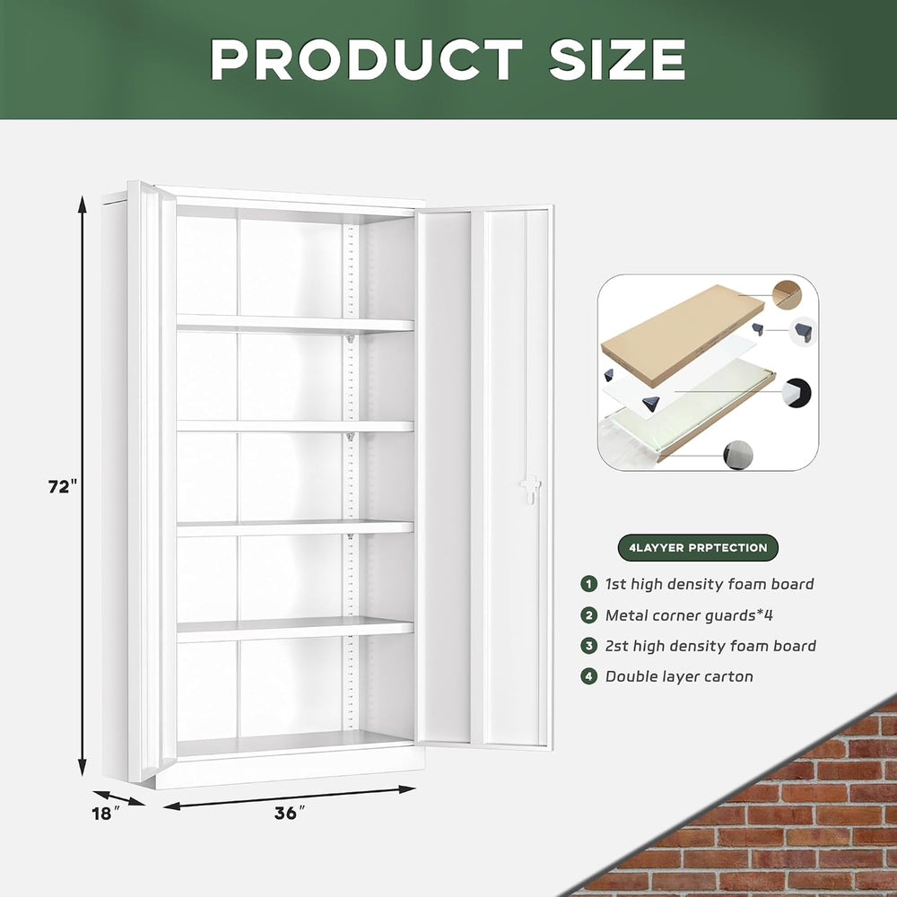 Greenvelly Metal Lockable Storage Cabinet, 72” Tall Storage Cabinet with 2 Do...