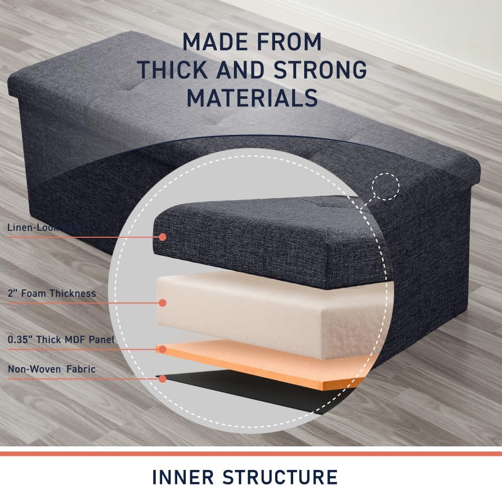 Ornavo Home 43 Inch Folding Extra Large Storage Bench, Linen, Black | Upholst...