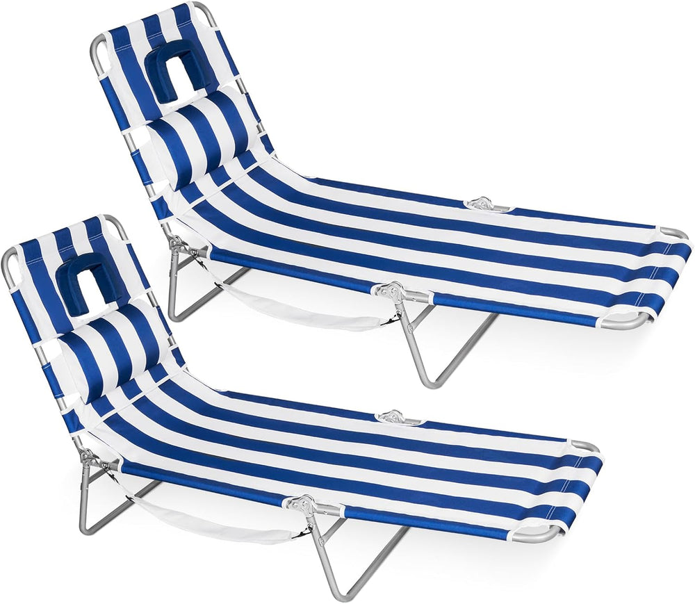 Romswi 2PK Folding Tanning Beach Chair with Face Hole, 5-Position Reclining S...